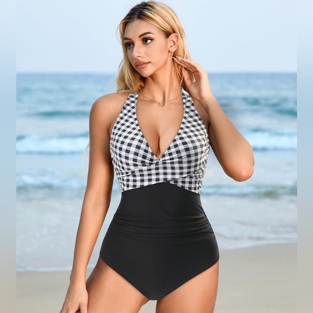 Women One Piece Swimsuit Tummy Control Bathing Suit Black-White Gingham Ruched M